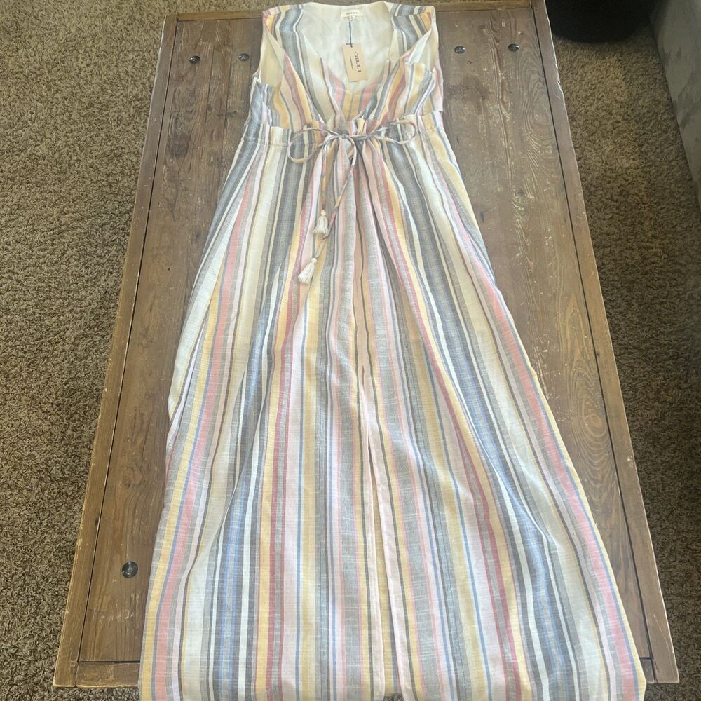 Gilli Multi Color Striped Maxi Dress Orange Blue Pink Yellow Size L Boho NWT